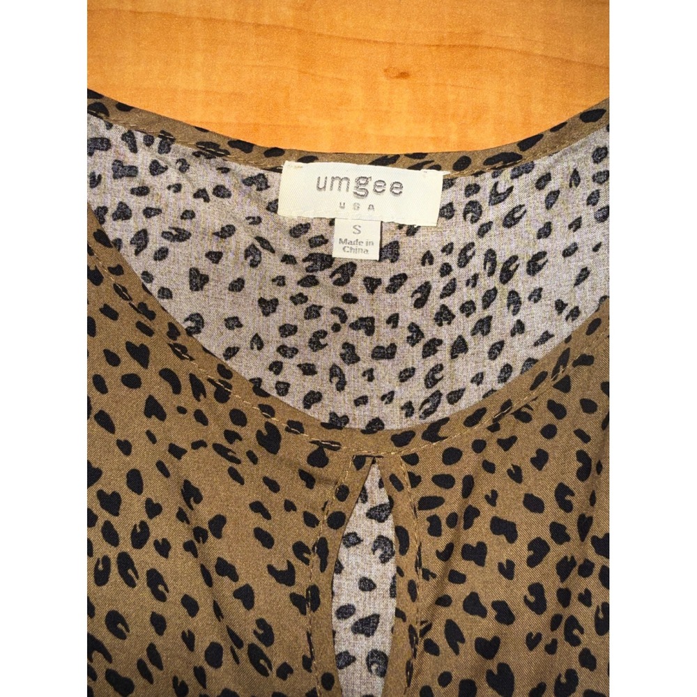 Umgee Animal Print Smocked Balloon Sleeve Babydoll Tunic Top Tan Black Small - Picture 2 of 7
